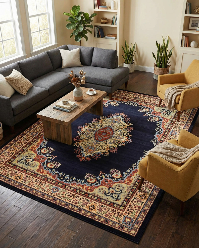 Tabriz Tapestry Collection Area Rug - Azerbaijan (Navy Blue) Rectangle Navy Blue  lifestyle 19
