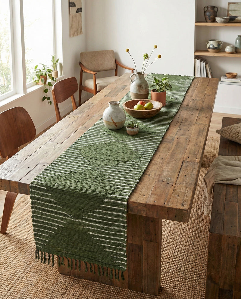 Thar Cotton Collection Area Rug - Jaisalmer (Green) Table Runner Green  lifestyle 59