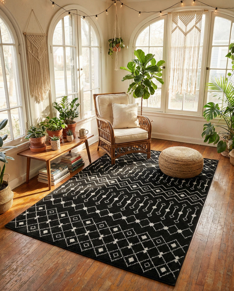 Mediterranean Lattice Collection Area Rug - Santorini (Black and White) Rectangle Black and White  lifestyle 9