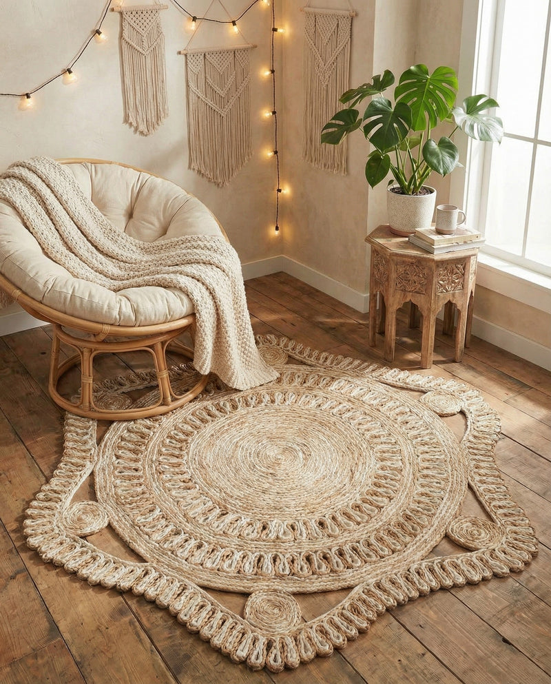 Woven Seaside Jute Collection Area Rug - Nantucket Round Natural and White  lifestyle 73