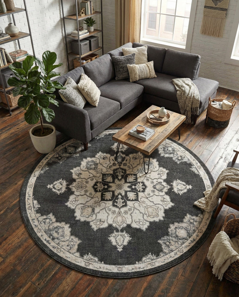 Beverly Grove Collection Area Rug - Melrose (Charcoal) Round Charcoal  lifestyle 76