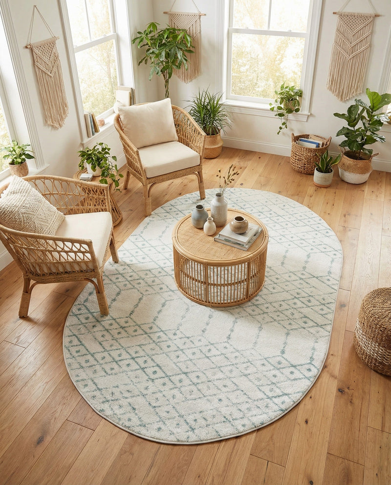 Marrakesh Lattice Collection Area Rug - Casablanca (Ivory Aqua) Oval Ivory Aqua  lifestyle 70
