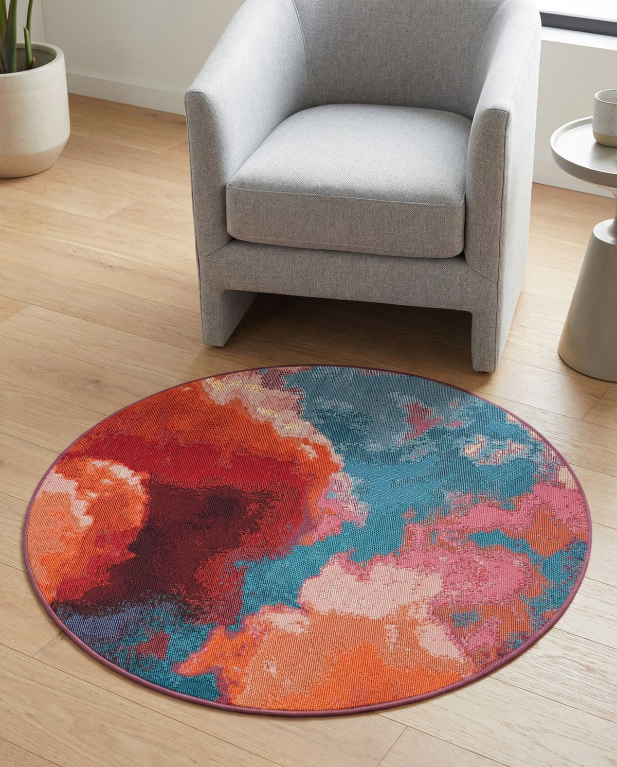 Urban Terrace Collection Area Rug -  Patio Round Gray and Pink  lifestyle 55