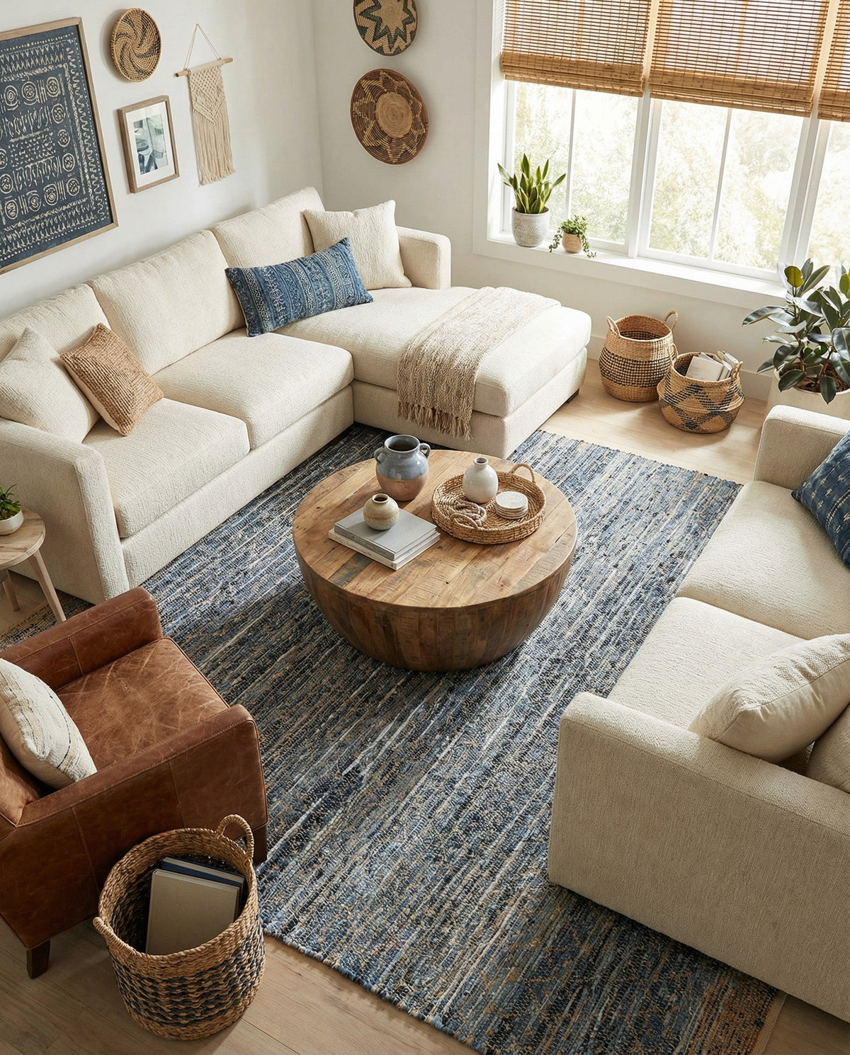 Tulum Trellis Collection Area Rug - Shoreline Square Denim blue  lifestyle 155
