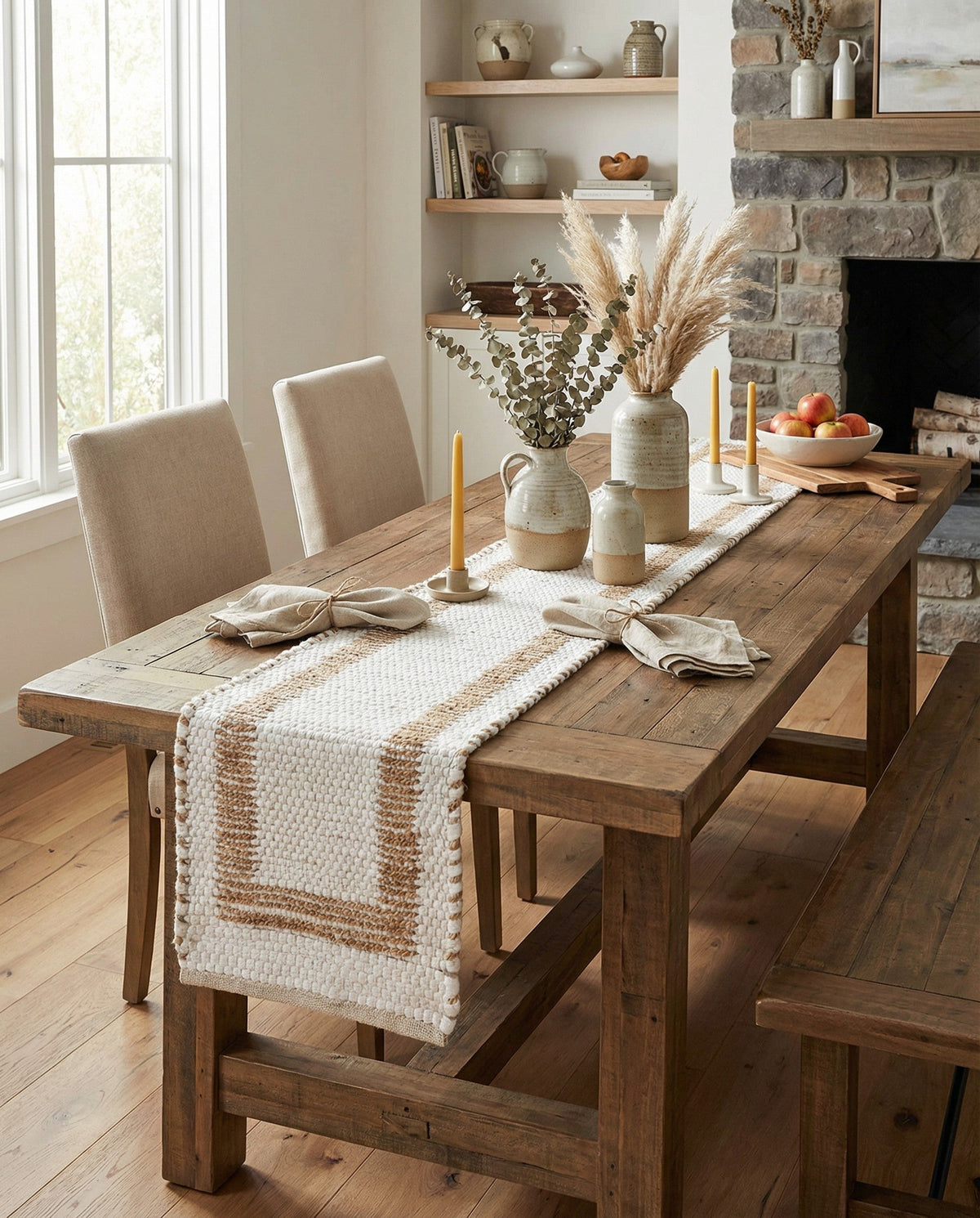 Osian Looms Collection Area Rug - Durham Table Runner White and Natural  lifestyle 182