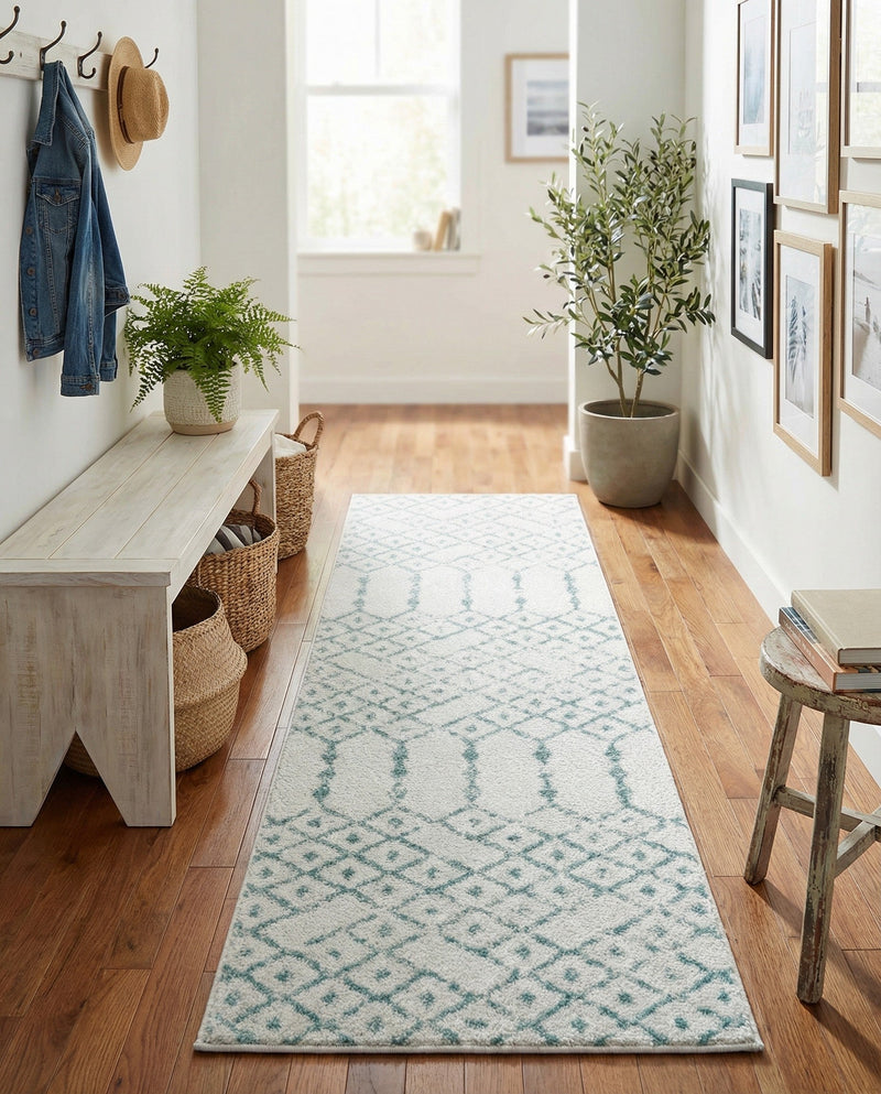 Marrakesh Lattice Collection Area Rug - Casablanca (Ivory Aqua) Runner Ivory Aqua  lifestyle 43