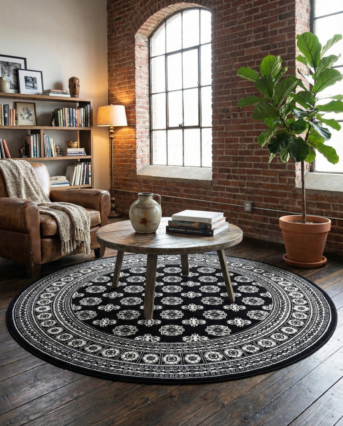 Samarkand Elegance Collection Area Rug -  Margilan (Black and White) Round Black and White  lifestyle 97