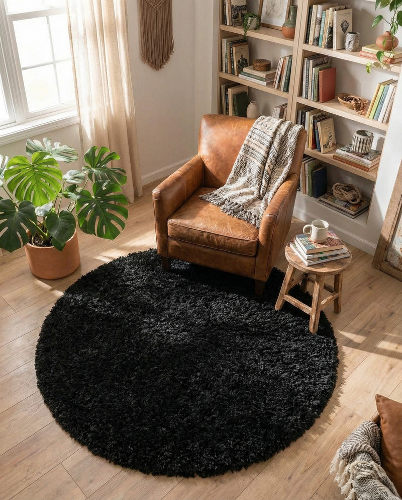 Eternal Plush Oasis Collection Area Rug -  Tranquility (Onyx Black) Round Onyx Black  lifestyle 54