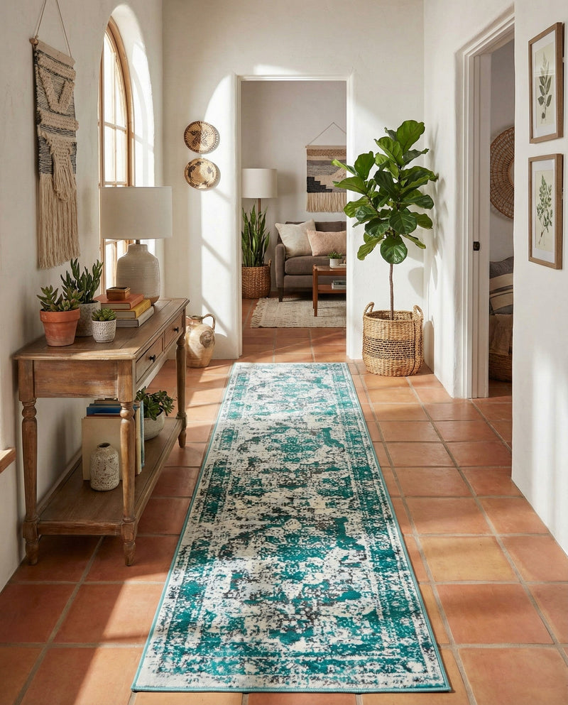 Riviera Elegance Collection Area Rug -  Menton (Turquoise) Runner Turquoise  lifestyle 78