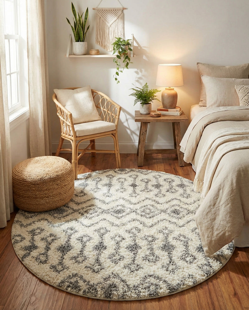 Berber Lattice Shag Collection Area Rug - Atlas (Ivory) Round Ivory  lifestyle 55