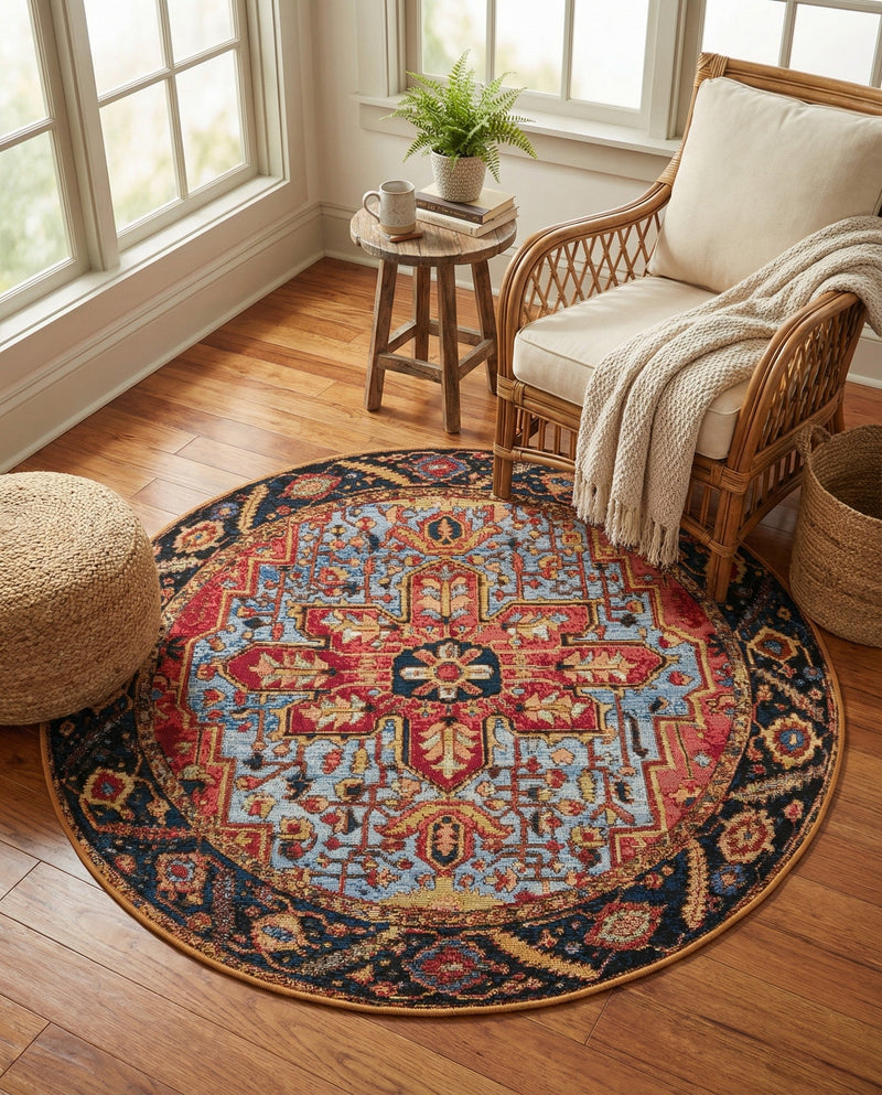 Patio Heritage Collection Area Rug -  Garden Round Rust Red and Blue  lifestyle 79