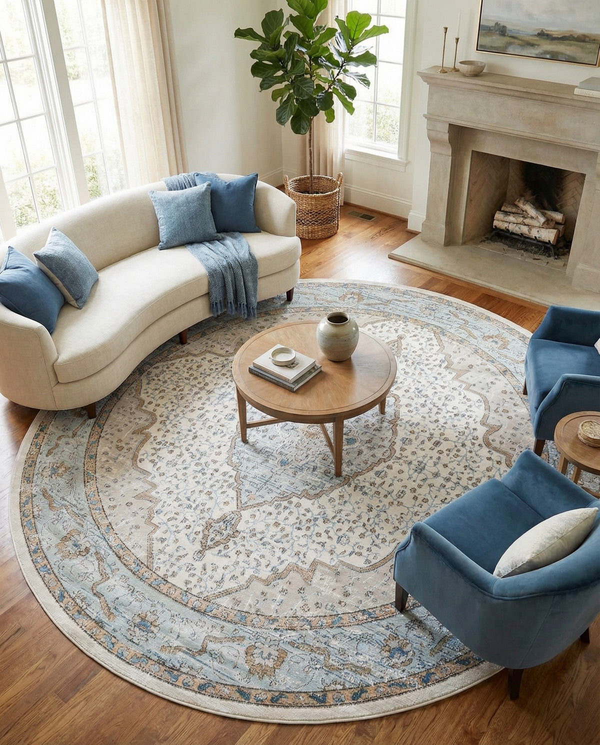 Mykonos Manor Collection Area Rug - Delos Round Blue  lifestyle 129
