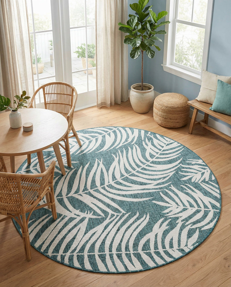 Seaside Blooms Collection Area Rug - Verdure (Teal) Round Teal  lifestyle 40