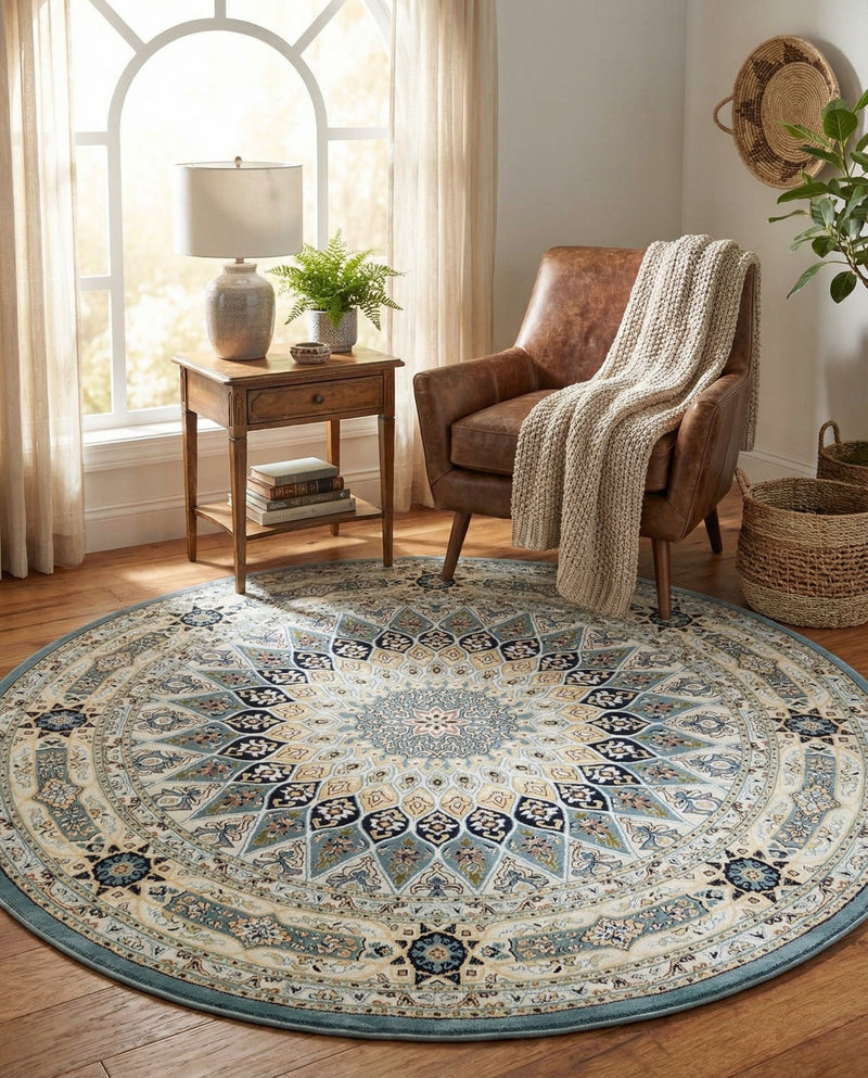Persian Elegance Collection Area Rug -  Hamedan (Blue) Round Blue  lifestyle 29