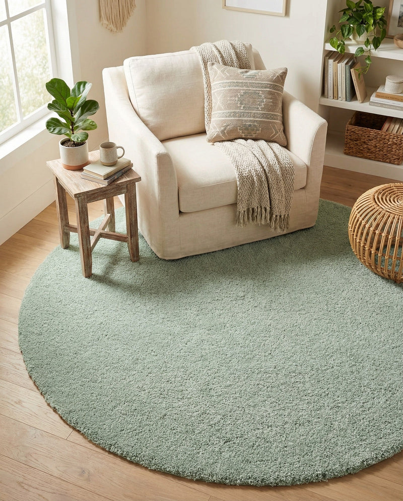Solid Shag Seaside Collection Area Rug - Azure Cove (Light Blue) Round Sea Salt Blue  lifestyle 25