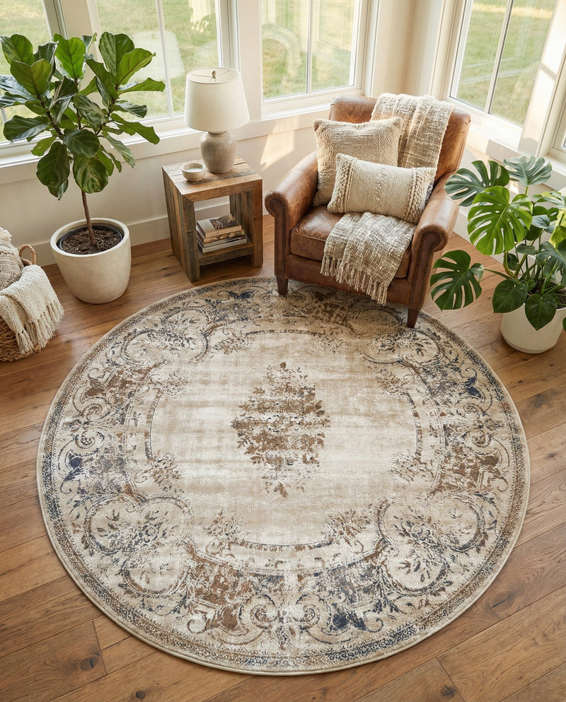 Coastal Manor Collection Area Rug -  Pierpoint Round Blue Cream  lifestyle 68