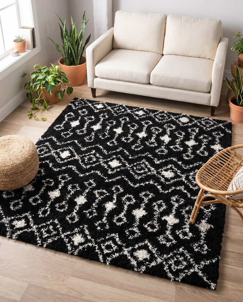 Berber Lattice Shag Collection Area Rug - Atlas (Black and White) Square Black and White  lifestyle 55