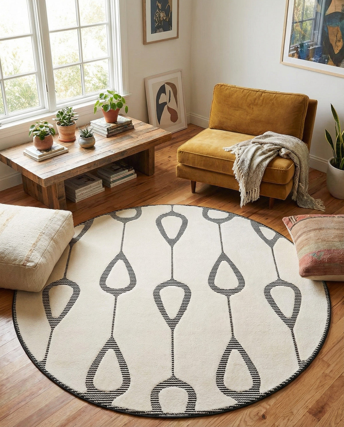 Monochrome Collection Area Rug -  Marble Round Ivory White  lifestyle 90