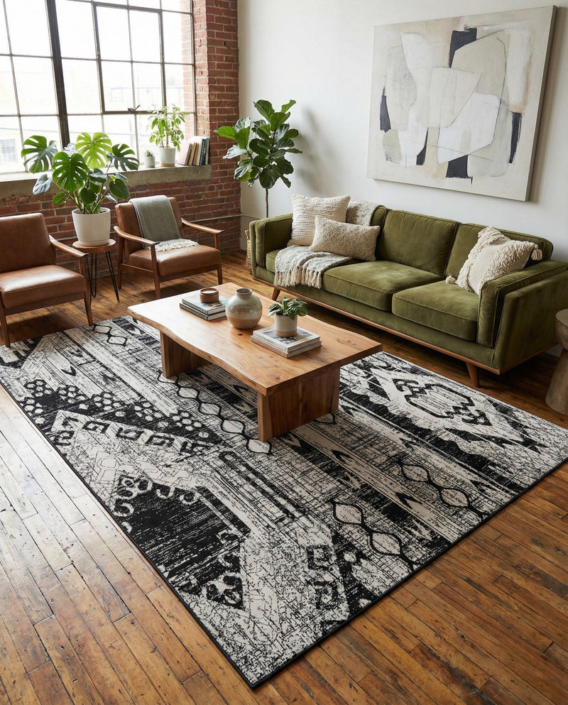 Cascade Range Collection Area Rug - Hood (Black and White) Rectangle Black and White  lifestyle 16