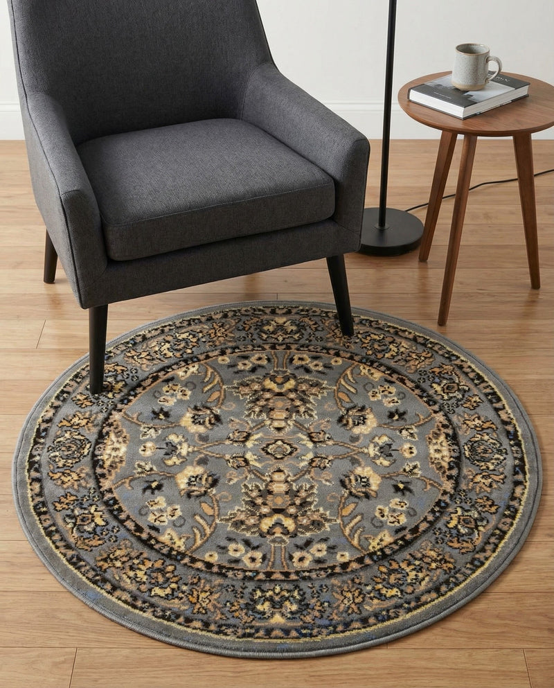 Isfahan Elegance Collection Area Rug - Naghsh-e Jahan (Gray) Round Gray  lifestyle 59