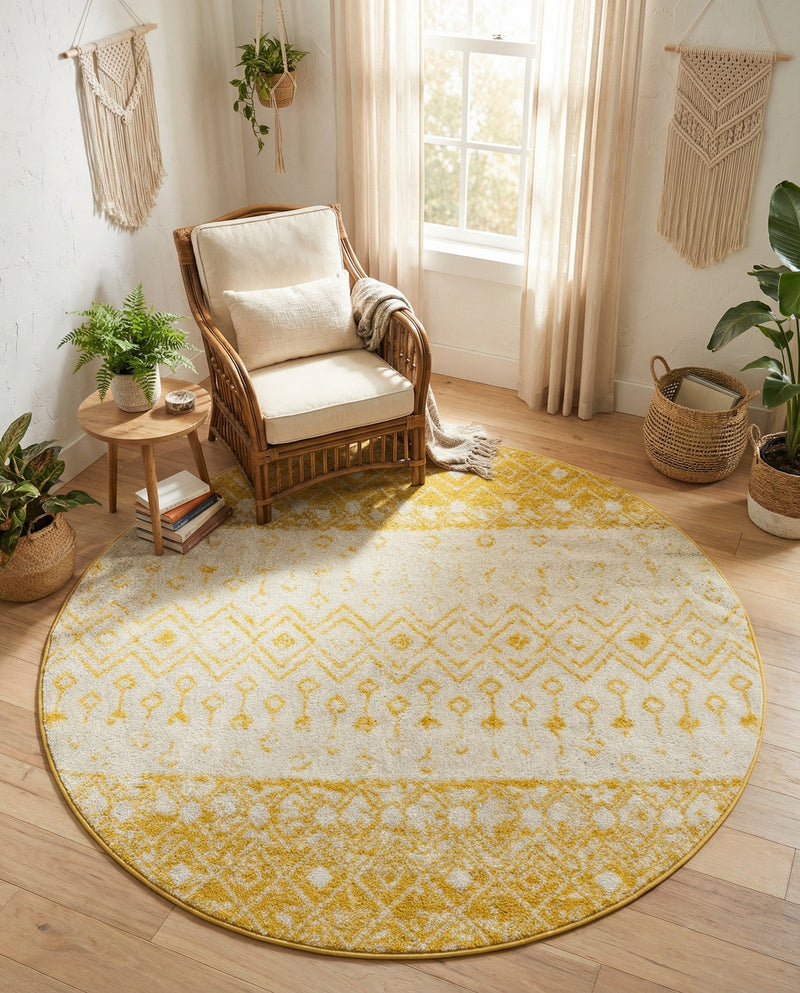 Mediterranean Lattice Collection Area Rug -  Casablanca (Ivory and Yellow) Round Ivory and Yellow  lifestyle 31