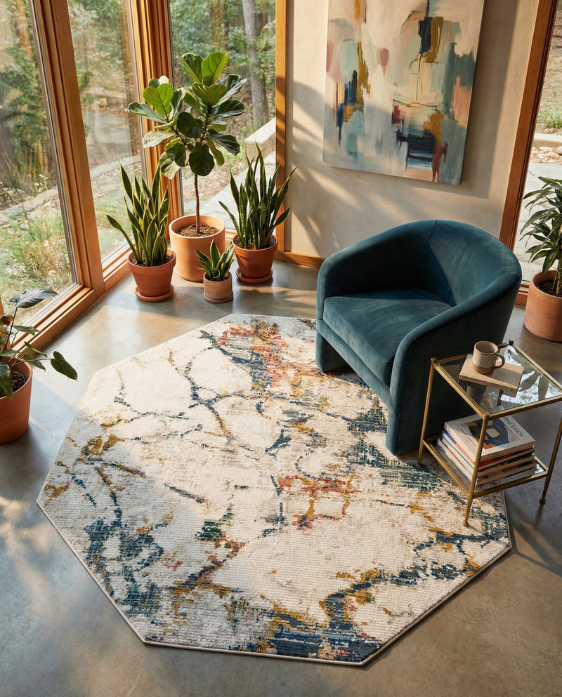 Jewel Oasis Collection Area Rug -  Opaline Octagon White Navy  lifestyle 72