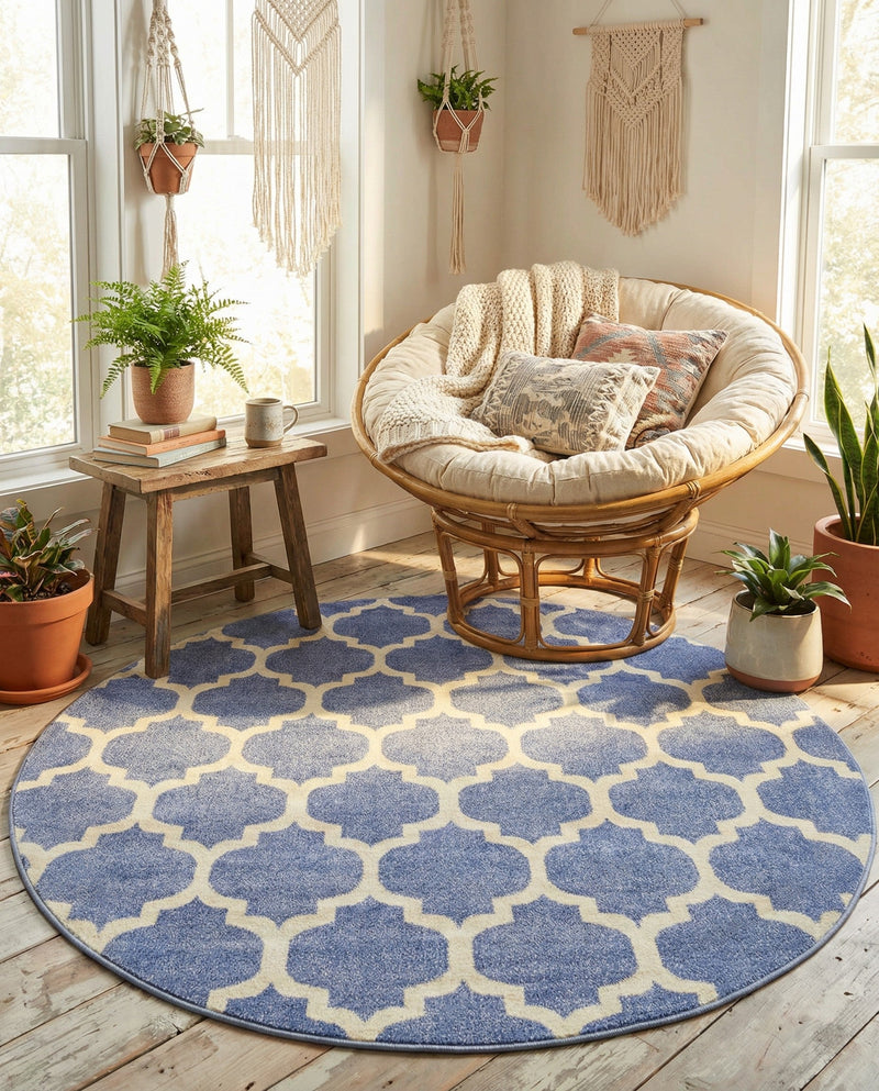 Lattice Gardens Collection Area Rug -  Bloomfield (Light Blue) Round Light Blue  lifestyle 54
