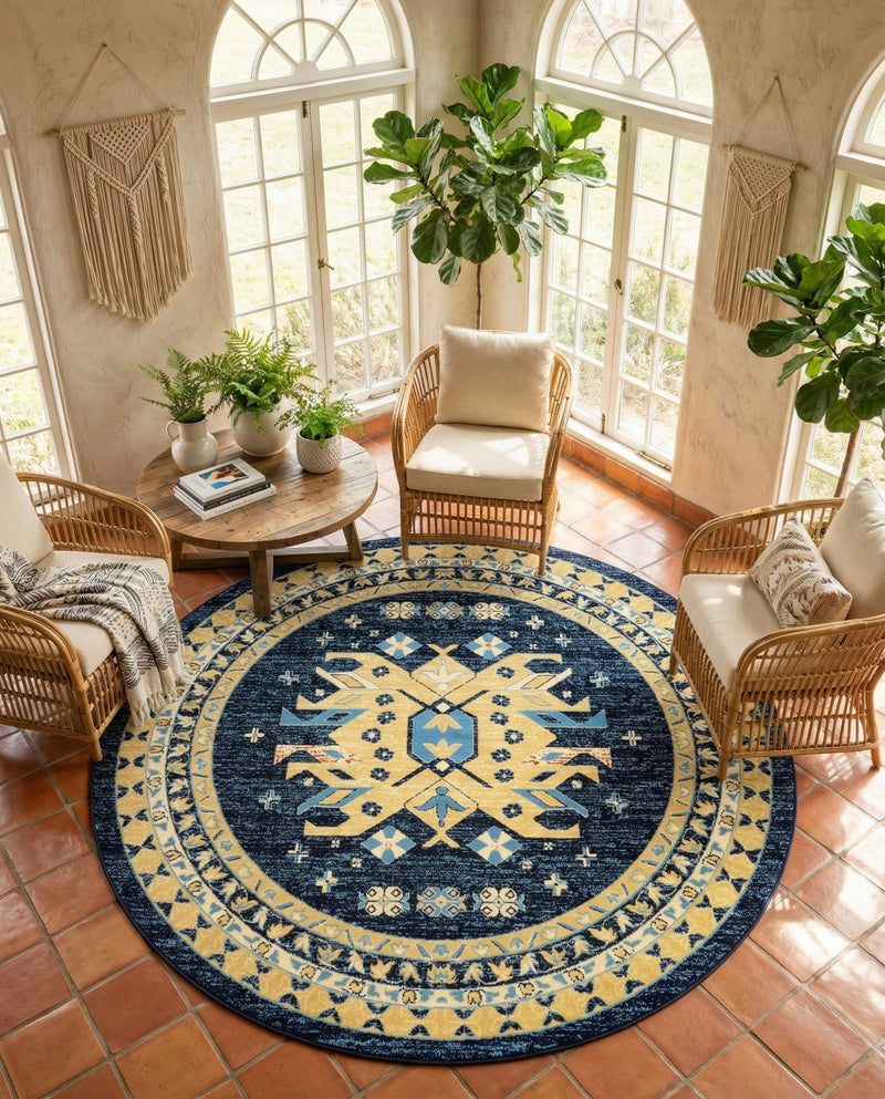 Tabriz Tapestries Collection Area Rug - Azerbaijan (Navy Blue) Round Navy Blue  lifestyle 55
