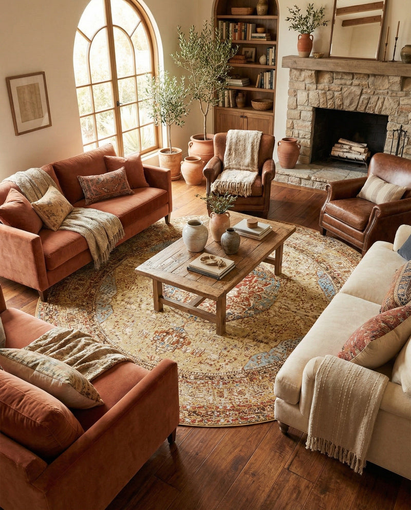 Patio Heritage Collection Area Rug -  Pergola Round Blue and Light Brown  lifestyle 63