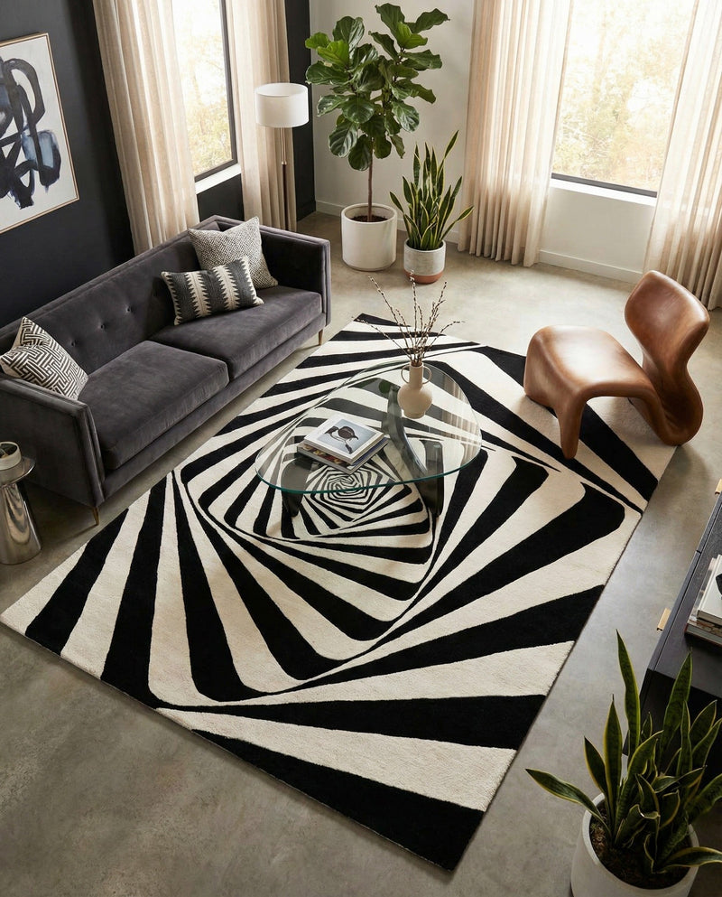 Cyclone Wool Collection Area Rug -  Twister Rectangle Black and White  lifestyle 12