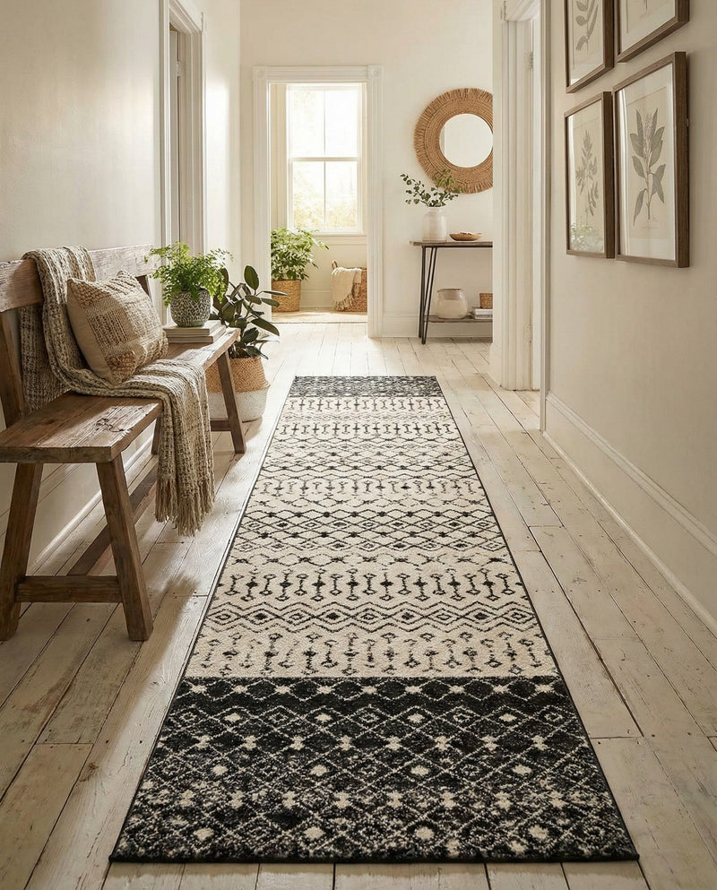 Mediterranean Lattice Collection Area Rug -  Casablanca (Black and White) Runner Black and White  lifestyle 55