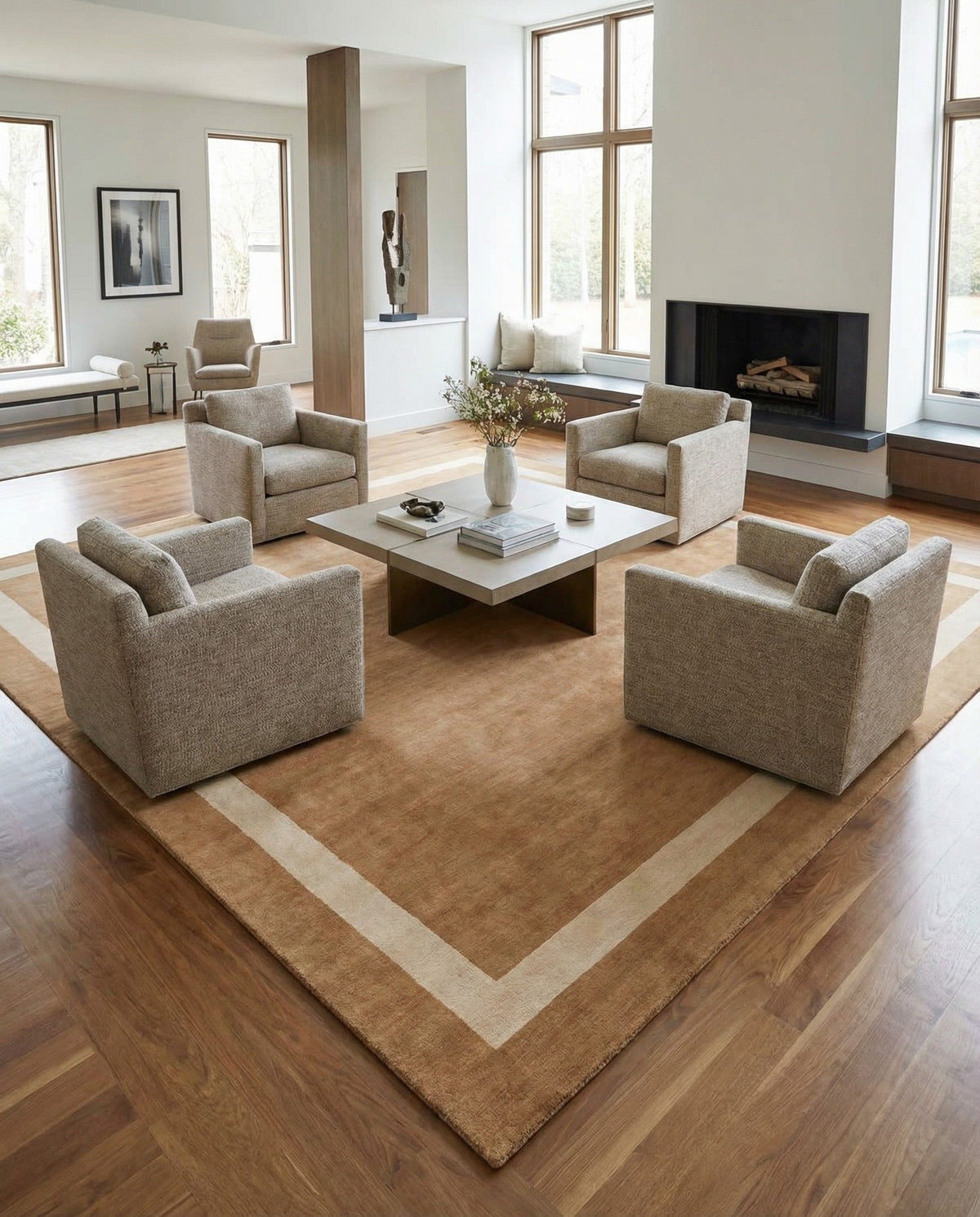 Savannah Borders Wool Collection Area Rug - Chatham Square Latte Brown  lifestyle 201