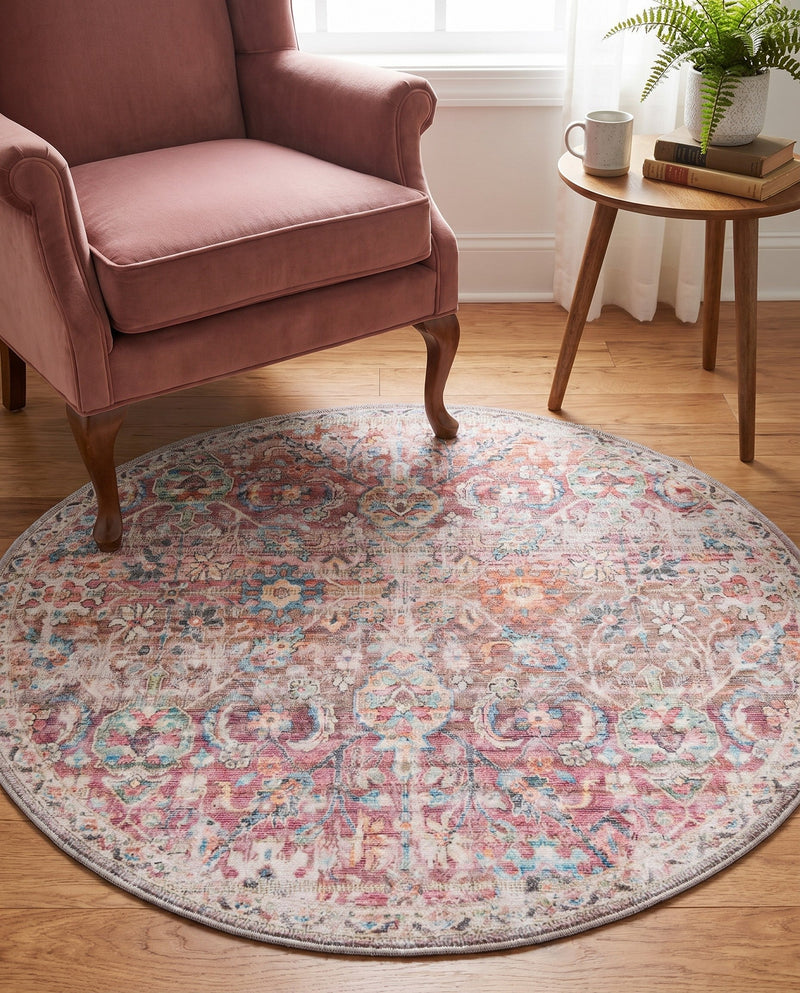 Vintage Memories Collection Area Rug -  Flashback Round Ivory and Pink  lifestyle 35