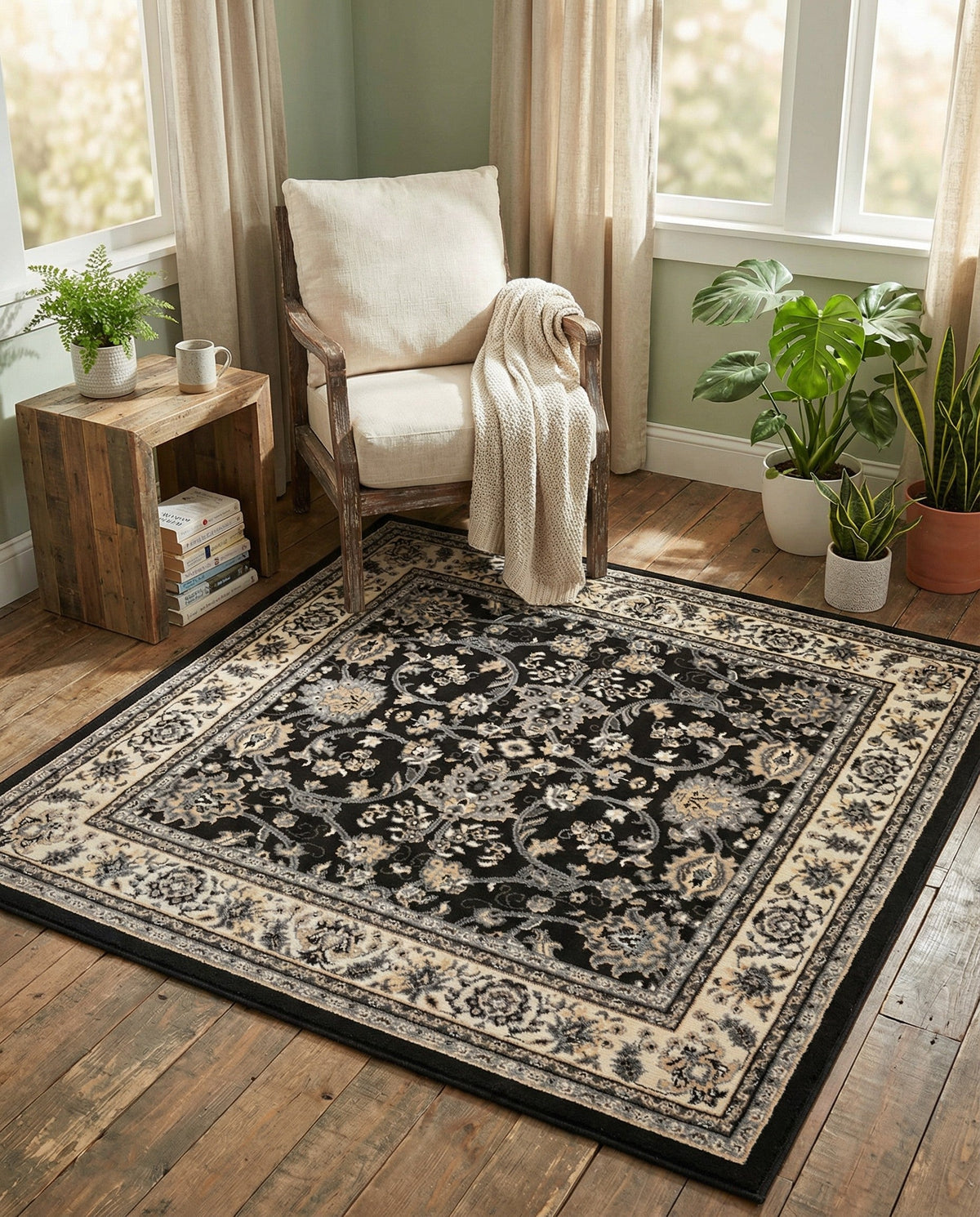 Isfahan Elegance Collection Area Rug - Naghsh-e Jahan (Black) Square Black  lifestyle 140