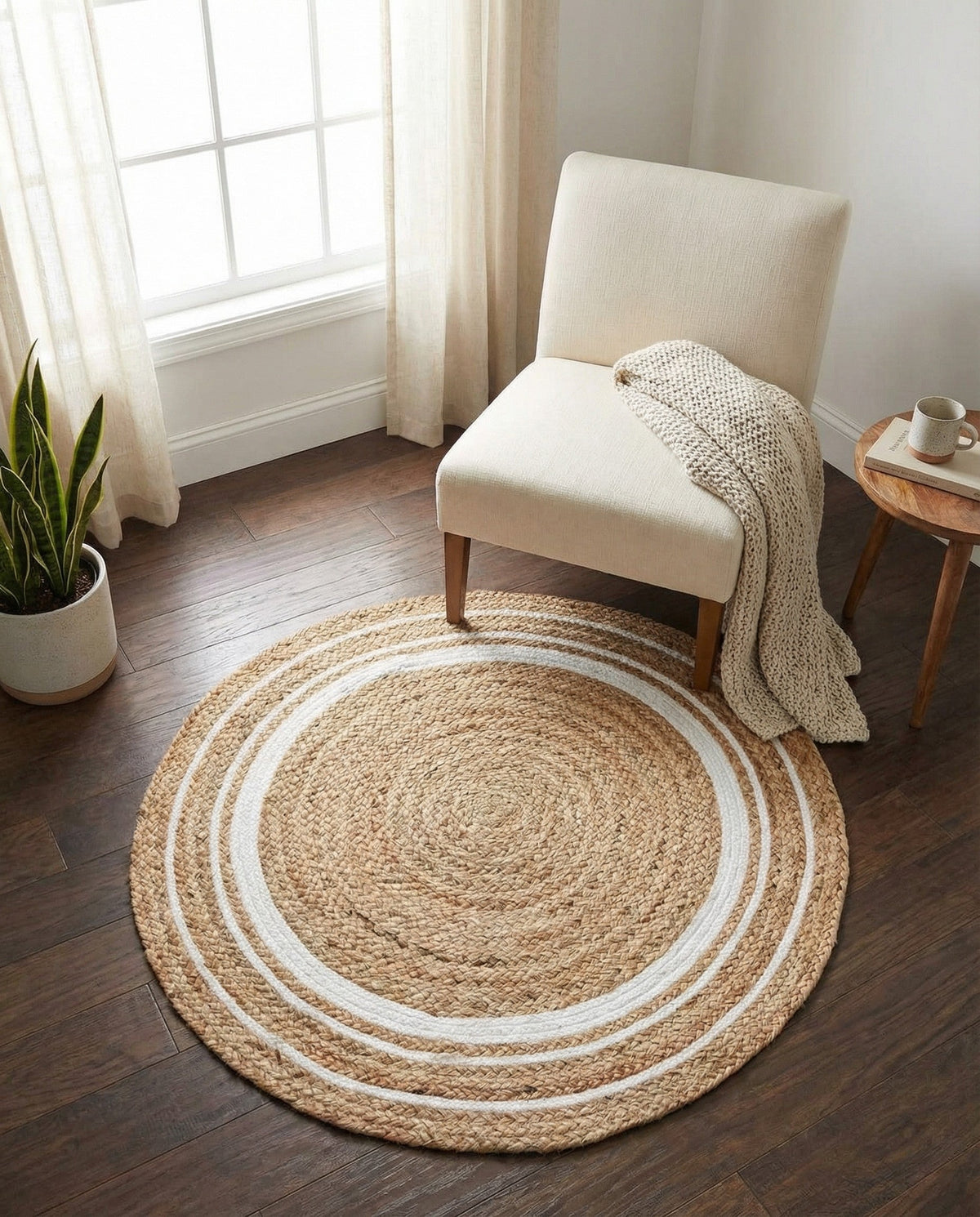 Woven Seaside Jute Collection Area Rug - Nantucket Round Natural and White  lifestyle 102
