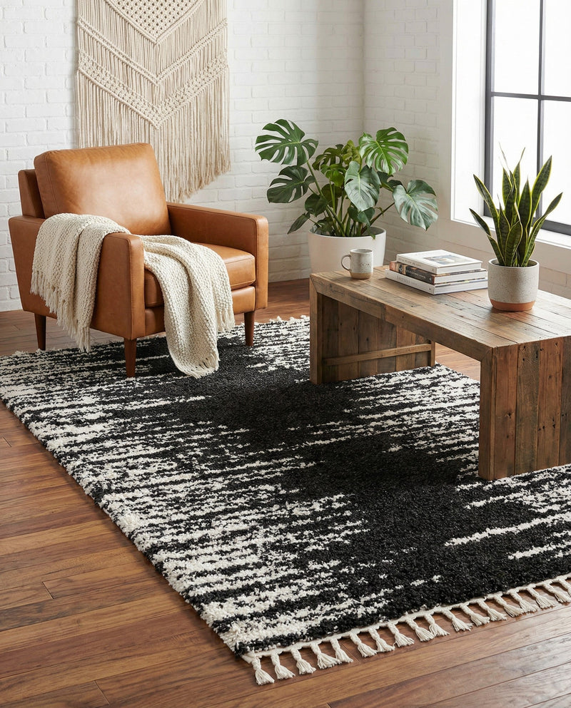 Tranquil Tides Shag Collection Area Rug - Marina Rectangle Black and White  lifestyle 55