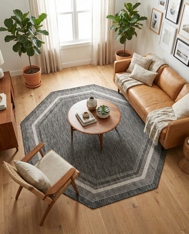 Terrace Fringe Collection Area Rug - Veranda (Black) Octagon Black  lifestyle 46