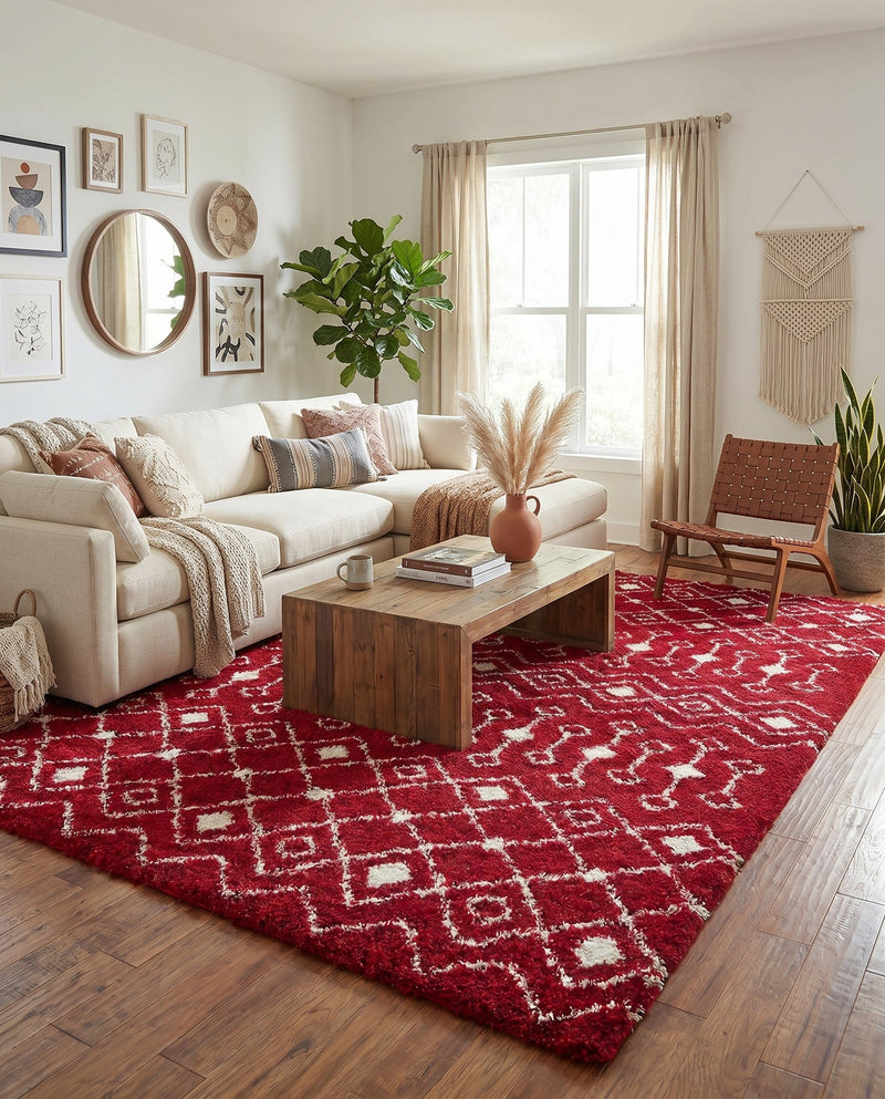Berber Lattice Shag Collection Area Rug - Atlas (Burgundy Red) Rectangle Burgundy Red  lifestyle 10