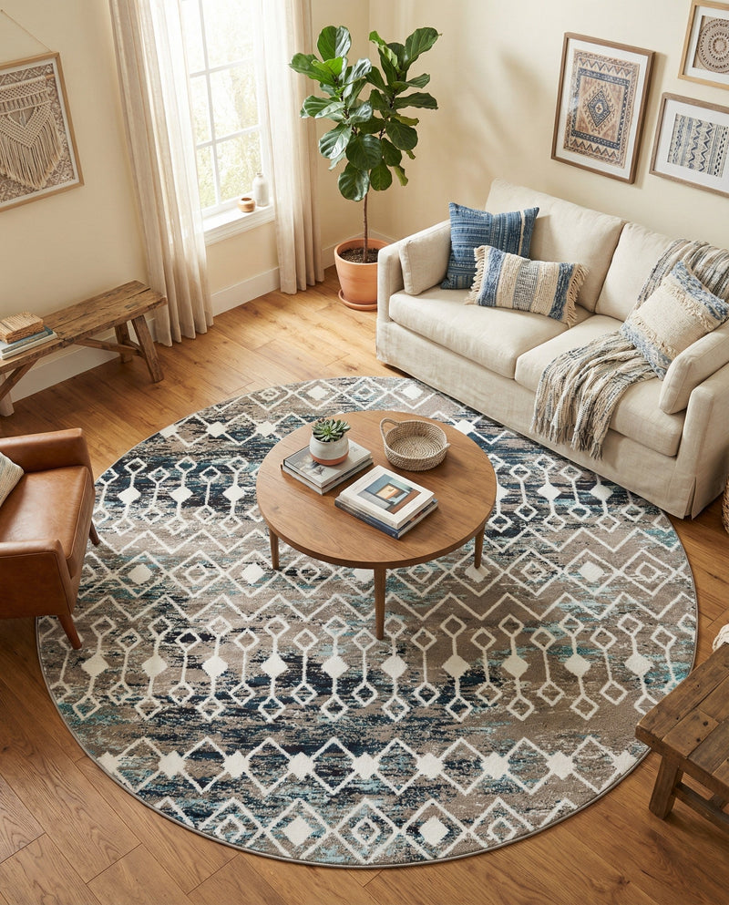 Mediterranean Lattice Collection Area Rug - Santorini (Multi Gray Blue) Round Multi Gray Blue  lifestyle 58