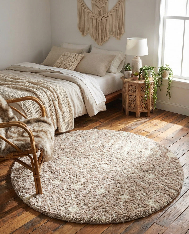 Berber Lattice Shag Collection Area Rug - Atlas (Light Brown) Round Light Brown  lifestyle 56