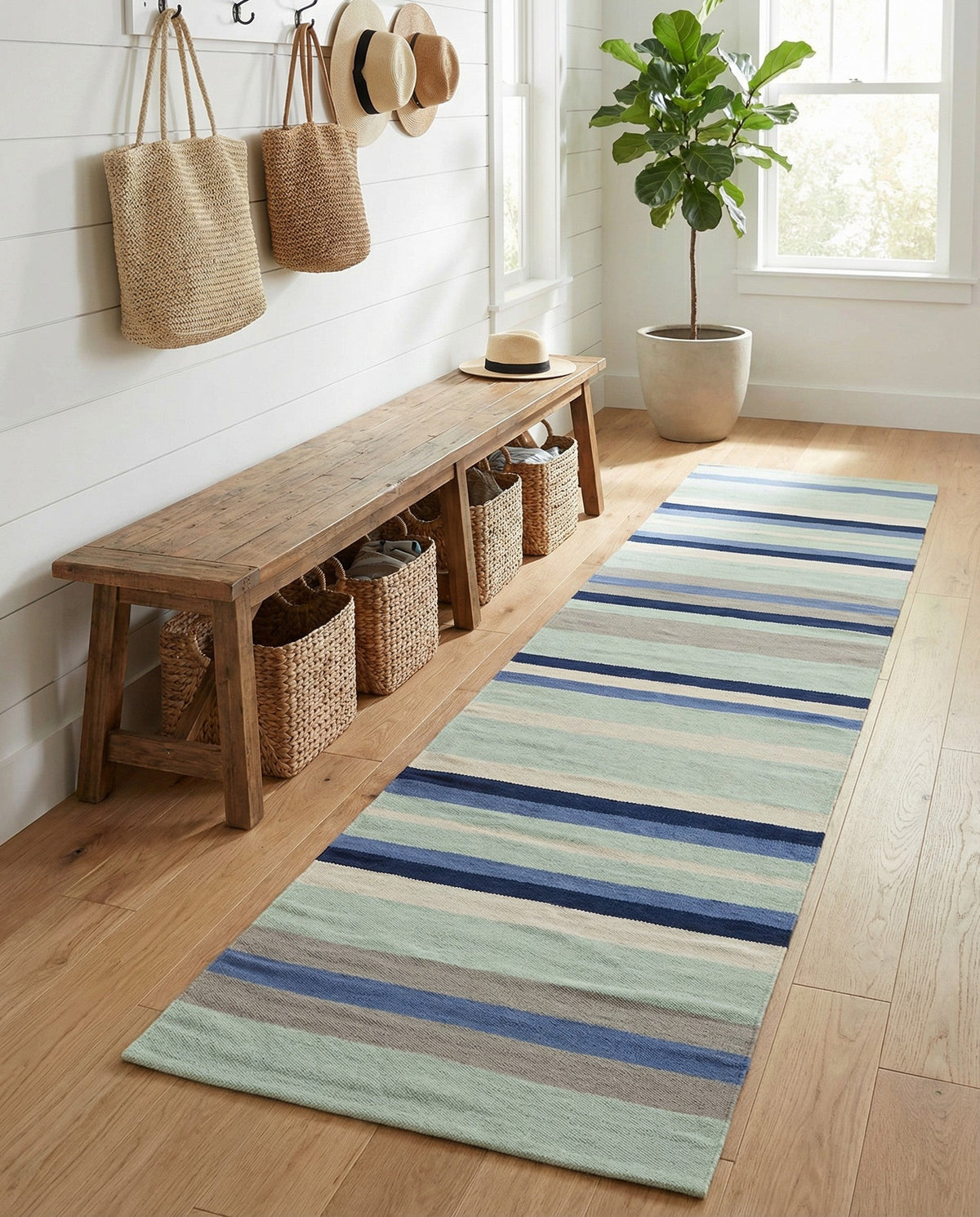 Coastal Stripe Dhurrie Collection Area Rug - Seashore Runner Aqua Blue and Gray  lifestyle 97