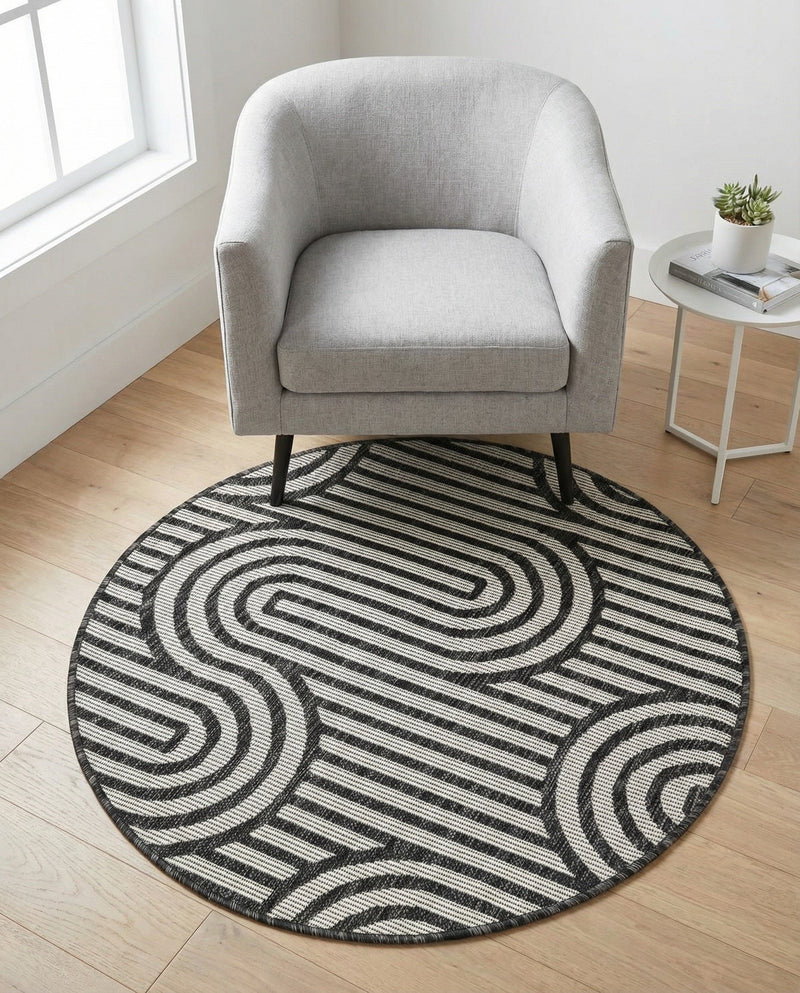 Urban Terrace Collection Area Rug -  Uptown Round Black and White  lifestyle 59