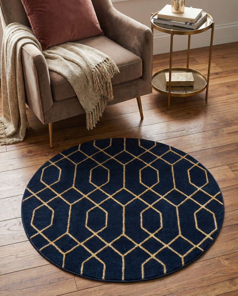Hollywood Luxe Collection Area Rug - Sunset (Navy Blue Gold) Round Navy Blue Gold  lifestyle 54