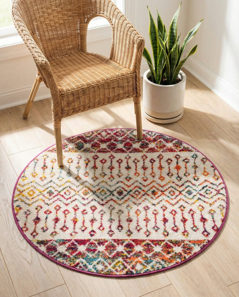 Mediterranean Lattice Collection Area Rug -  Casablanca (Ivory Multi) Round Ivory Multi  lifestyle 52