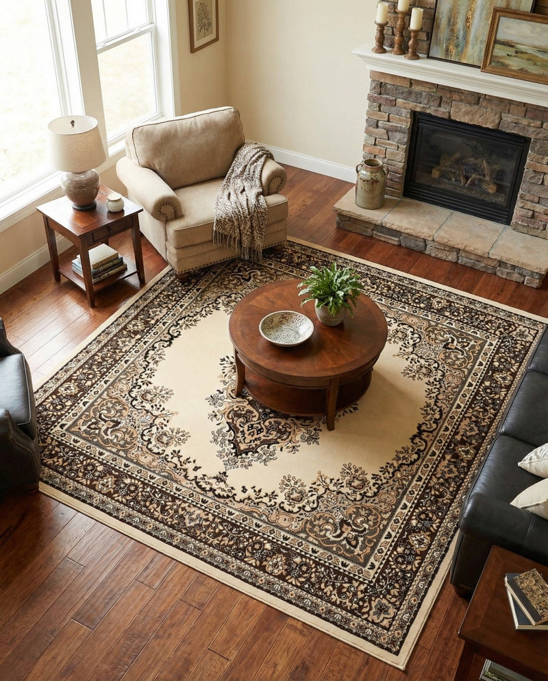 Tabriz Tapestry Collection Area Rug - Azerbaijan (Ivory) Square Ivory  lifestyle 53