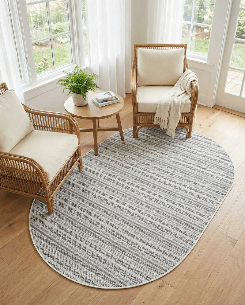 Seaside Stripes Collection Area Rug -  Boardwalk (Beige) Oval Beige  lifestyle 19