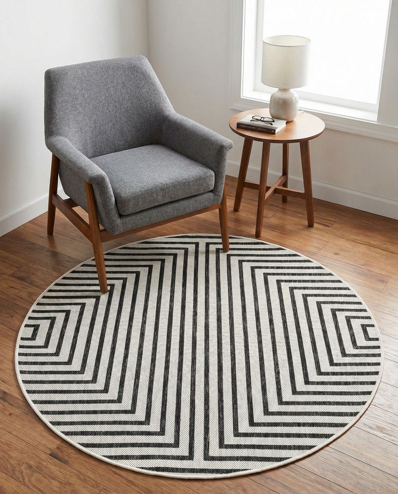 Urban Terrace Collection Area Rug -  Astoria (White and Black) Round White and Black  lifestyle 43