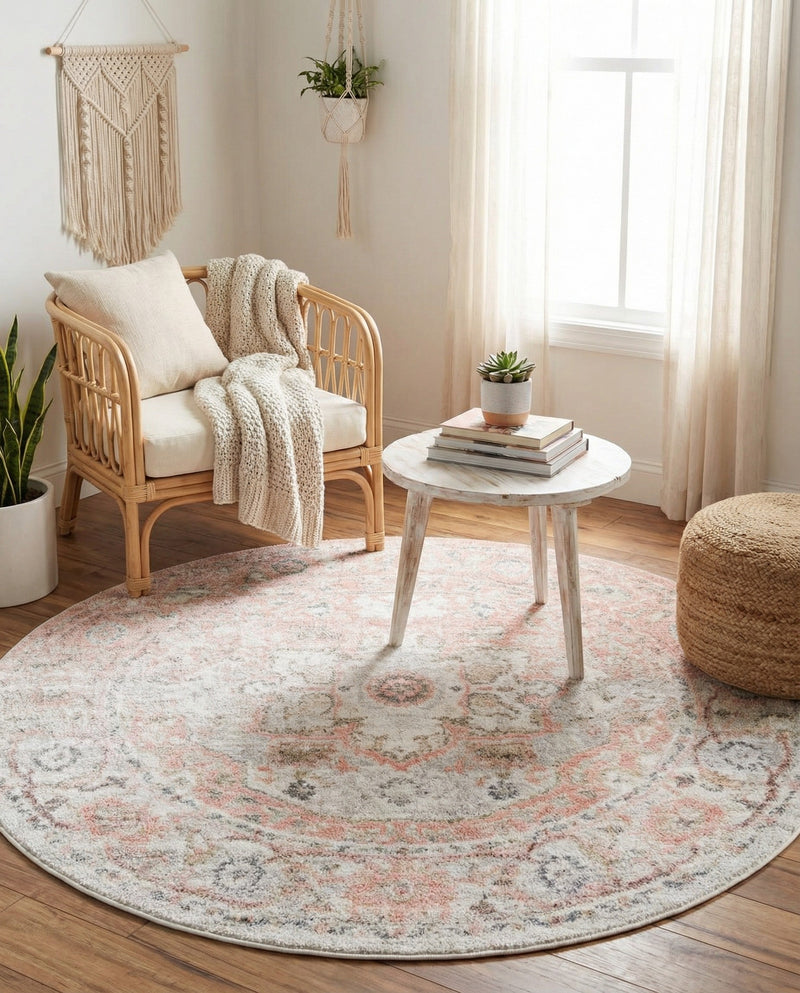 Parisian Elegance Collection Area Rug - Versailles (Rose Pink) Round Rose Pink  lifestyle 61