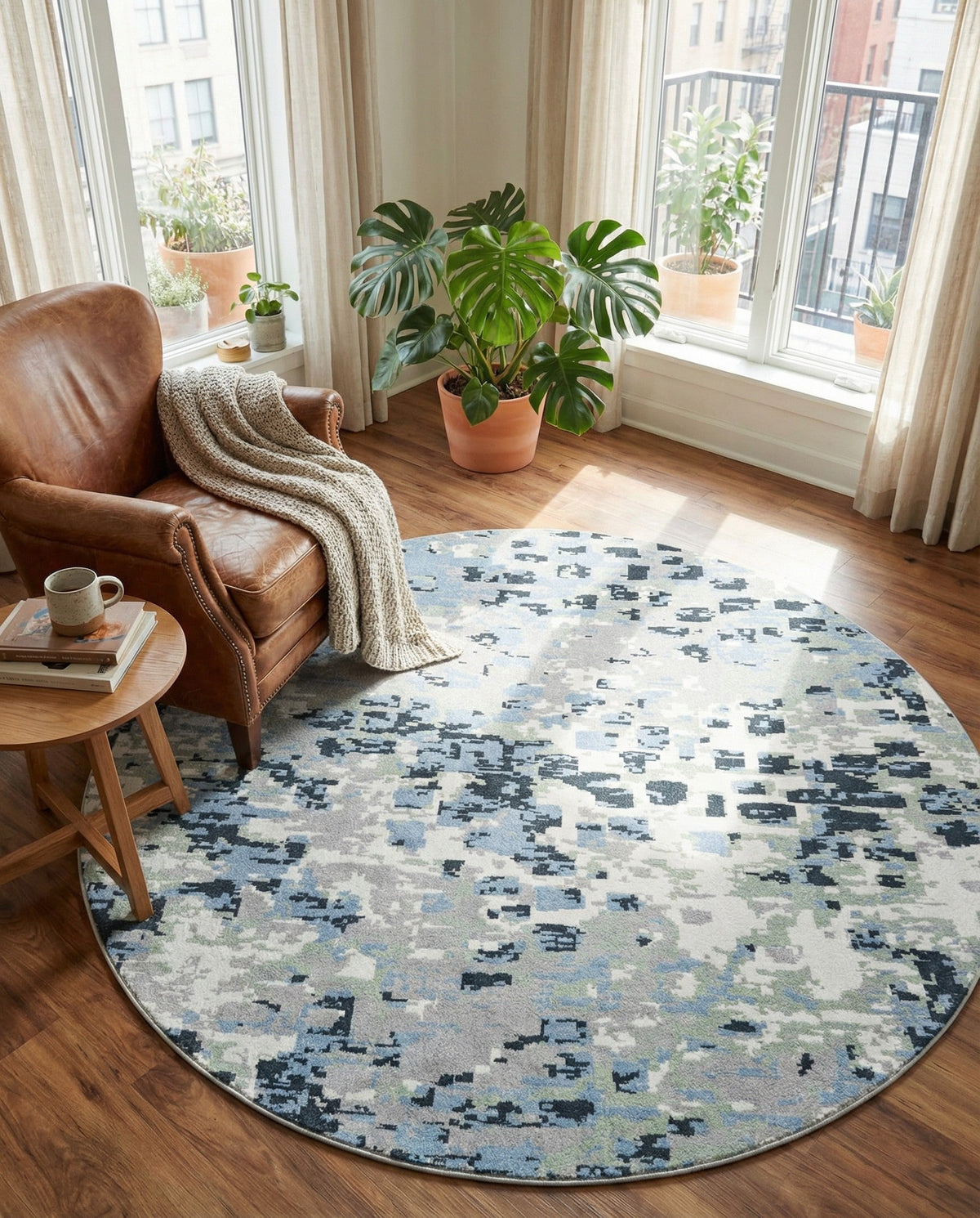 Aegean Elegance Washables Collection Area Rug -  Andros Round Gray Navy Green  lifestyle 81