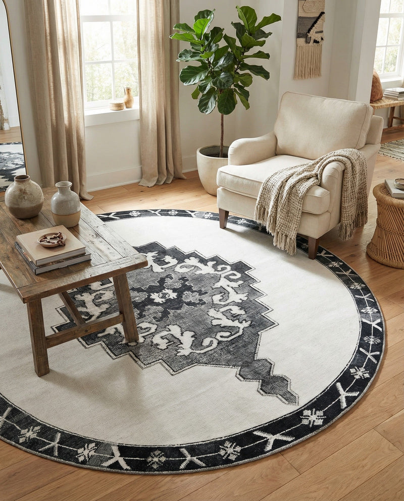 Heritage Elegance Collection Area Rug -  Winterthur (Black and White) Round Black and White  lifestyle 49